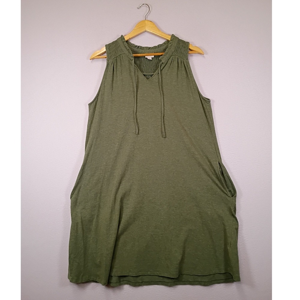 Boho Merona Women Medium‎ Olive Green Smocked Neck Sleeveless Pocket Shift Dress